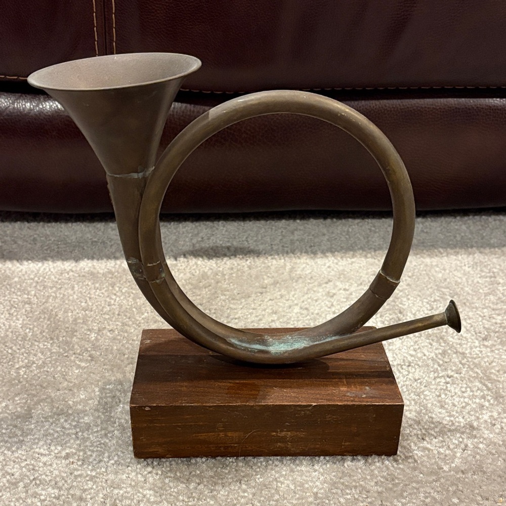 Vintage equestrian Brass Horn on Wooden Base